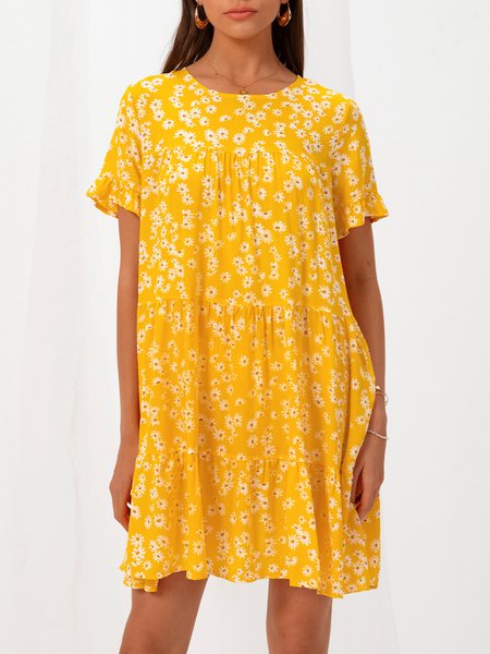 

Short Sleeve Crew Neck Sweet Weaving Dress, Yellow, Dresses