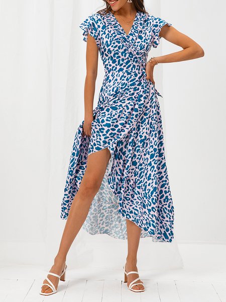 

Short Sleeve Leopard Vintage Ruffled Weaving Dress, Pink, Dresses