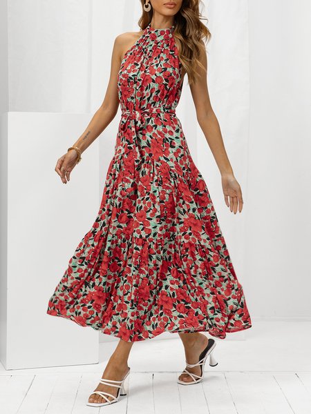

A-Line Sleeveless Holiday Floral Weaving Dress, Red, Dresses