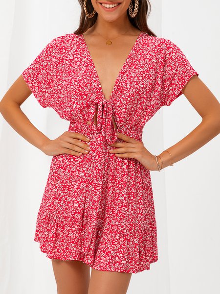 

V Neck A-Line Floral Short Sleeve Weaving Dress, Red, Dresses