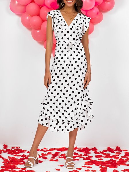 

Polka Dots A-Line V Neck Short Sleeve Weaving Dress, White, Dresses