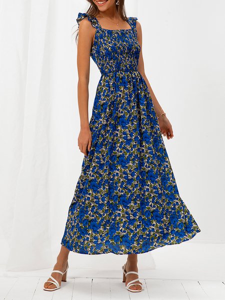 

Cold Shoulder Square Neck A-Line Floral Weaving Dress, Blue, Dresses