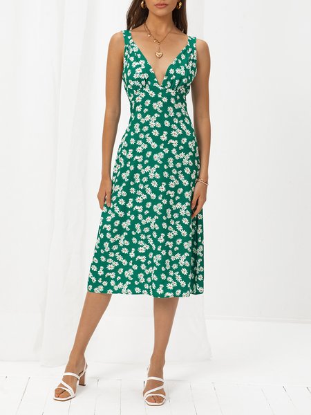 

Polyester Fibre Floral Cold Shoulder Sweet Weaving Dress, Green, Dresses