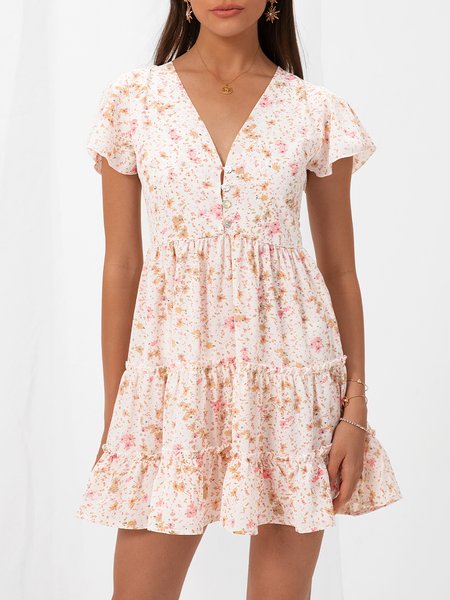 

A-Line Floral Short Sleeve Sweet Weaving Dress, As picture, Dresses