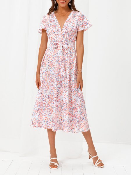 

V Neck Sweet Short Sleeve Floral Weaving Dress, White, Dresses