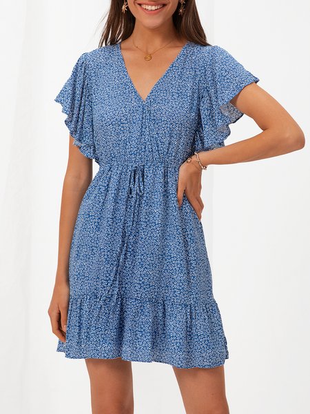 

Polyester Fibre Floral Holiday Short Sleeve Weaving Dress, Blue, Dresses