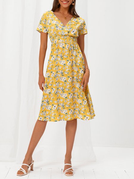 

Floral V Neck Sweet Short Sleeve Weaving Dress, Yellow, Dresses