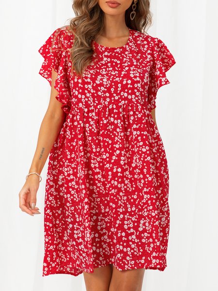 

Shift Crew Neck Floral Short Sleeve Weaving Dress, Red, Dresses
