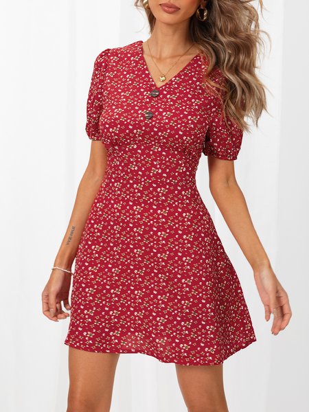 

V Neck Short Sleeve Sweet A-Line Weaving Dress, Red, Dresses