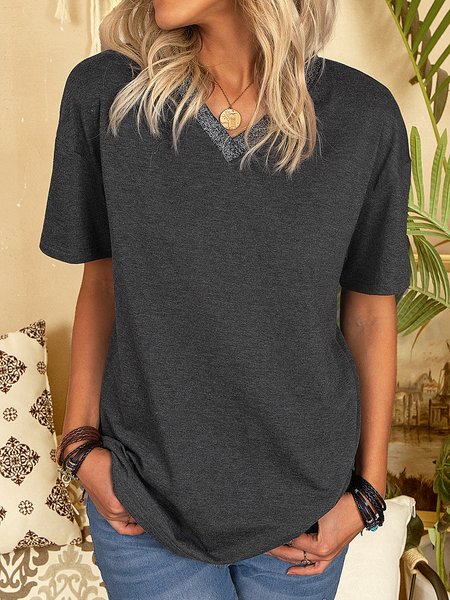 

V Neck With Shining Tape Casual Short Sleeve Jersey T-shirt, Gray, T-Shirts