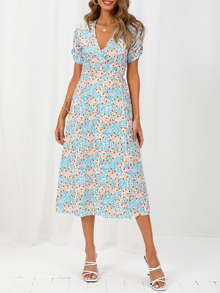 

V Neck Sweet A-Line Short Sleeve Weaving Dress, Flower, Dresses