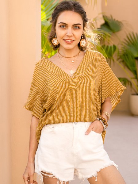 

Orange V Neck Shift Casual Linen Top, Blouses and Shirts