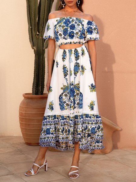 

Sweet Tribal A-Line Off Shoulder Weaving Dress, Blue, Dresses