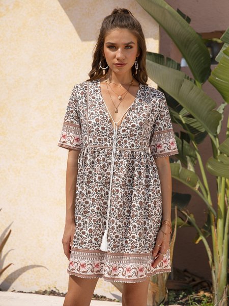 

V Neck A-Line Tribal Short Sleeve Weaving Dress, As picture, Dresses