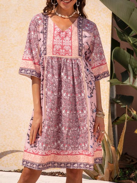 

A-Line Tribal Short Sleeve Sweet Weaving Dress, Pink, Dresses