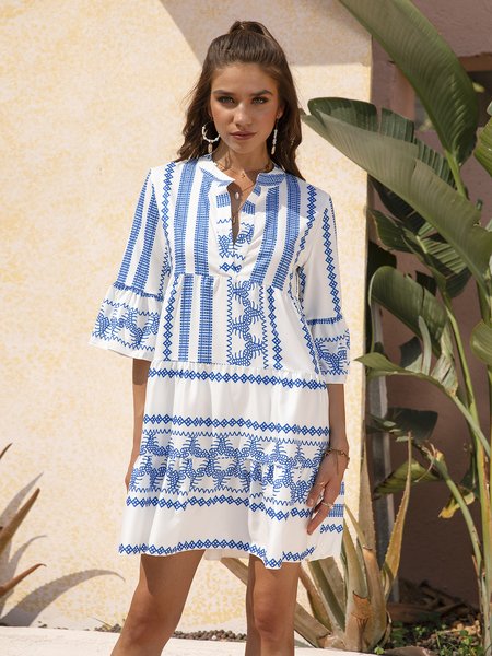 

V Neck Short Sleeve Sweet Weaving Dress, Blue, Dresses