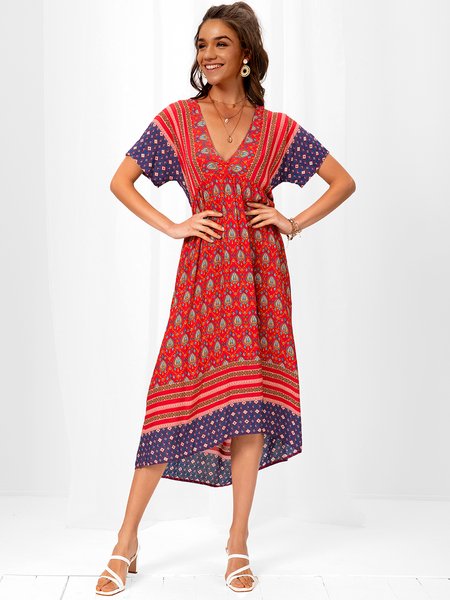 

Abito Rosso Panelled Bohemian Scollo a V, Dresses