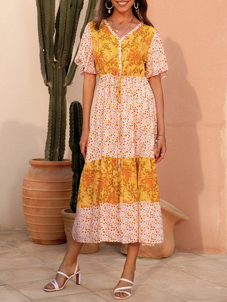

Short Sleeve Floral Shift V Neck Weaving Dress, Yellow, Dresses