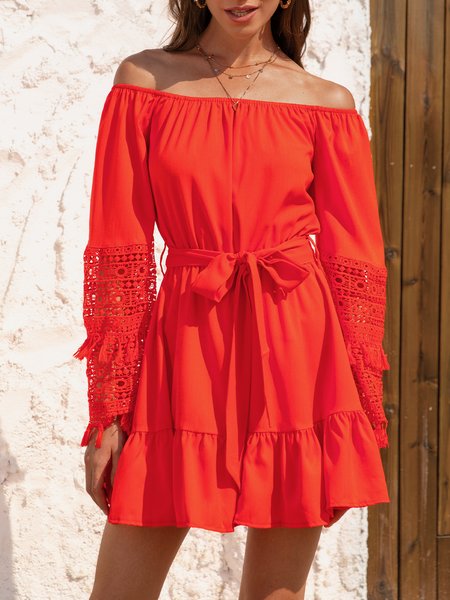 

Long Sleeve A-Line Off Shoulder Weaving Dress, Red, Dresses