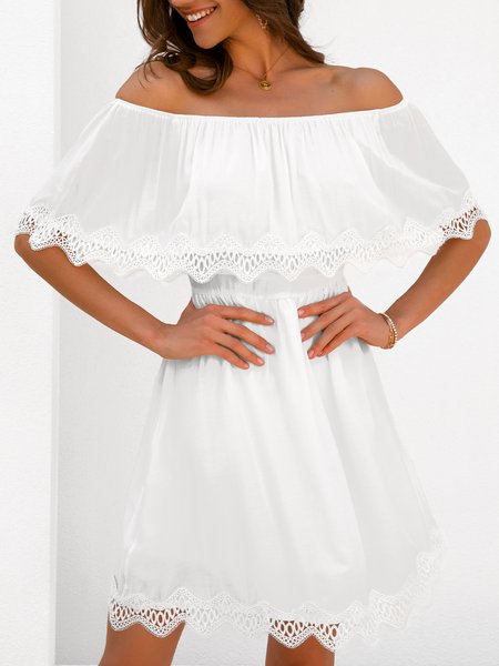 

Off Shoulder Polyester Fibre Sweet A-Line Weaving Dress, White, Dresses