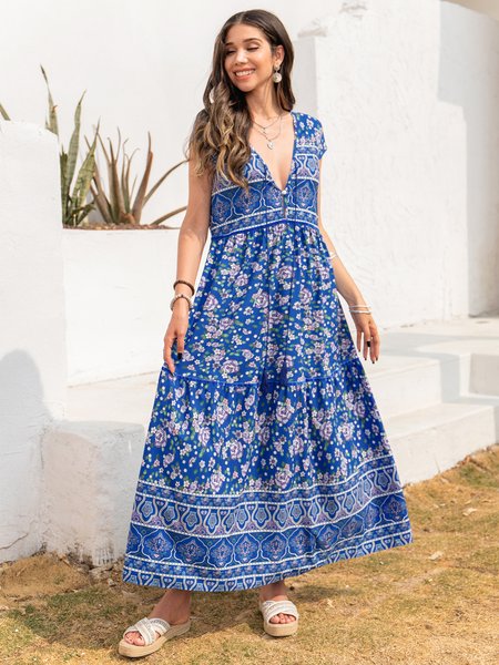 

V Neck Boho Floral-Print Weaving Dress, Orange, Floral Dresses