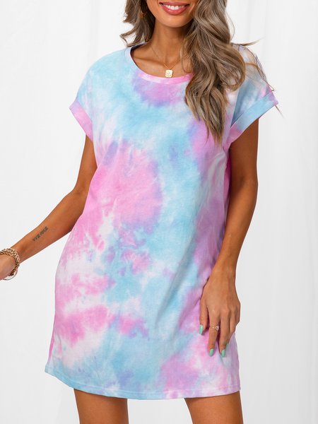 

Short Sleeve Ombre/tie-Dye Shift Knitting Dress, As picture, Dresses