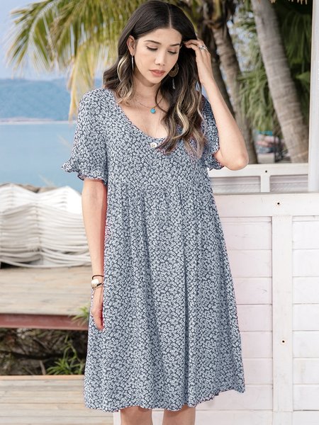 

Donna Stampata Floreale Maniche Corte Vintage Abito, Celeste, Dresses