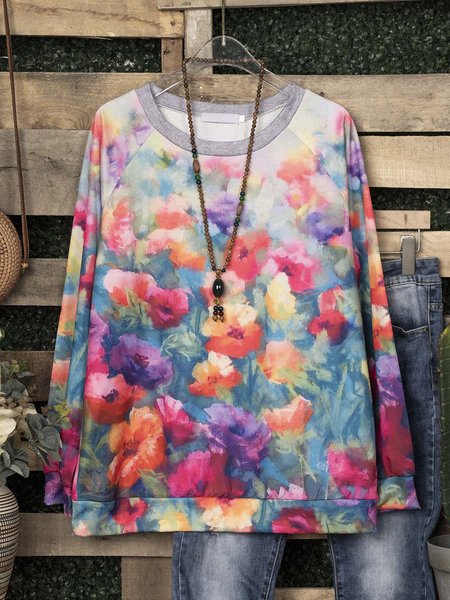 

JFN Crew Neck Floral Basic Sweatshirt, As picture, Sweatshirts & Hoodies