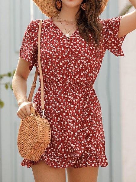 

V Neck Floral-Print Cotton Casual Pants, Red, Shorts