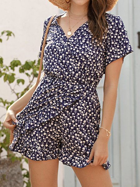 

Casual Floral-Print Short Sleeve Pants, Blue, Shorts