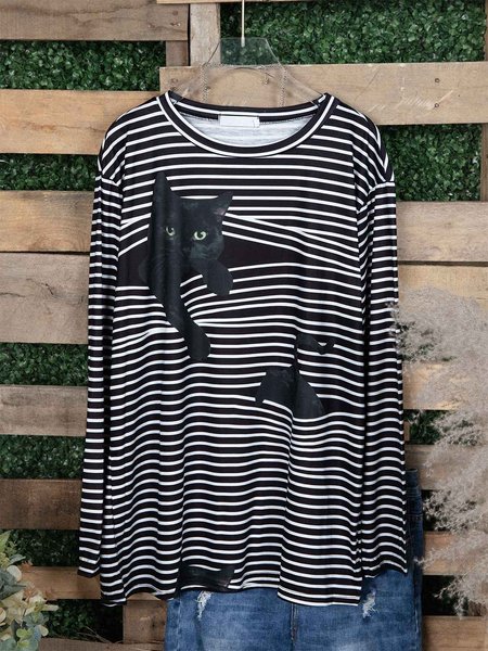 

Plus size Stripes Casual Long Sleeve Shirts & Tops, Black, Long sleeve tops