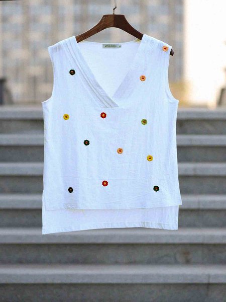 

Printed V Neck Cotton-Blend Casual Tops, White, Tanks & Camis