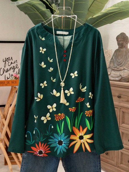 

Dark Blue Pastoral Cotton-Blend Tops, Green, Long sleeve tops