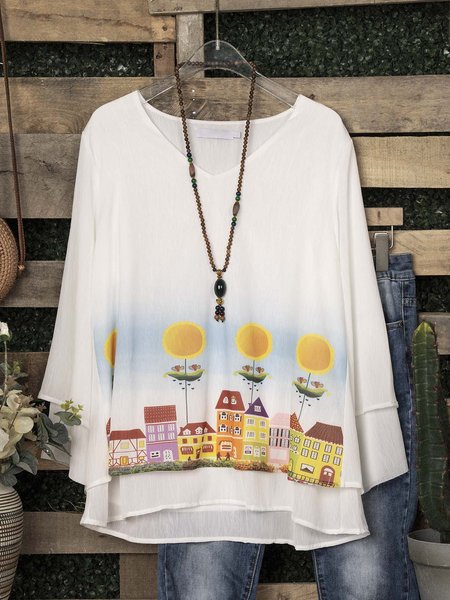 

White Cotton-Blend Crew Neck Casual Floral Tops, Long sleeve tops
