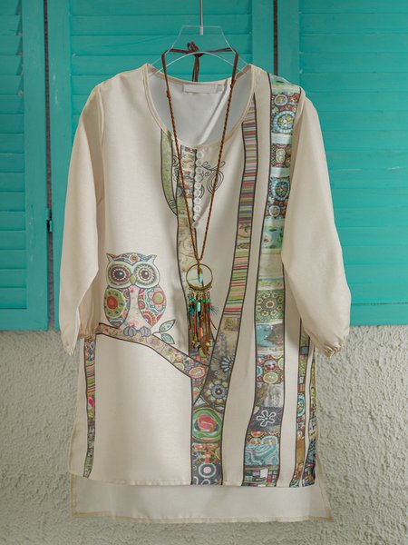 

Khaki Casual Tribal Cotton-Blend Tops, T-Shirts