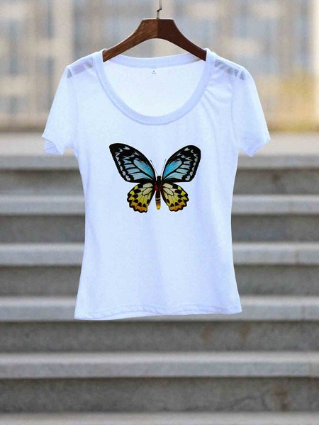 

White Printed Cotton-Blend V Neck Casual Tops, T-Shirts