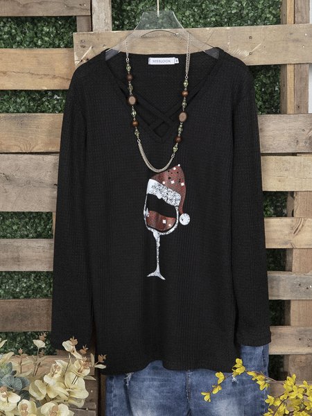 

Nero Scollo a V Dritto Maniche Lunghe Top, T-Shirts