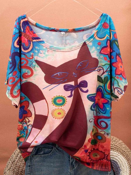 

Red Casual Cotton-Blend Floral Tops, T-Shirts