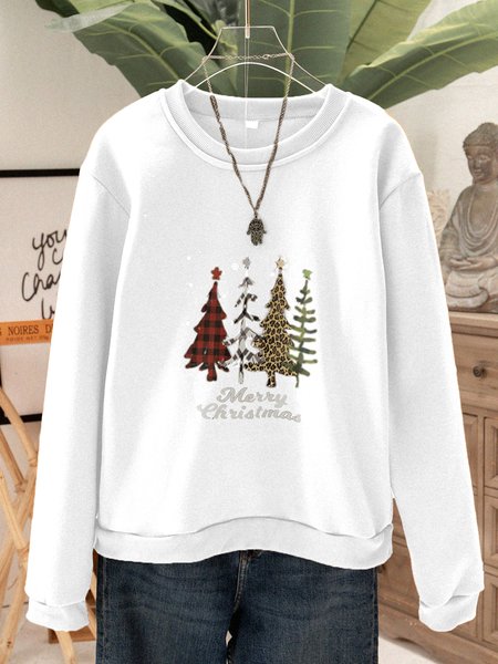 

Plus Size Crew Neck Vintage Christmas Long Sleeve Cotton-Blend Shirts & Tops, White, Sweatshirts & Hoodies