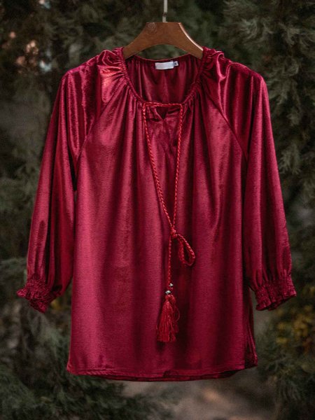 

Velvet Long Sleeve Shirts Blouses, Red, Long sleeve tops