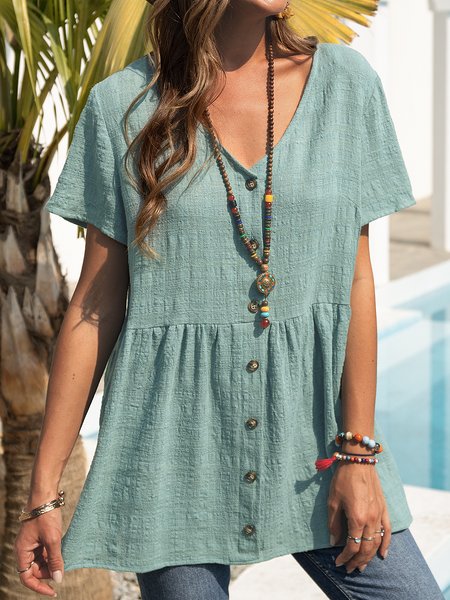 

Casual Short Sleeve Shift Cotton Tops, Green, Blouses & Shirts