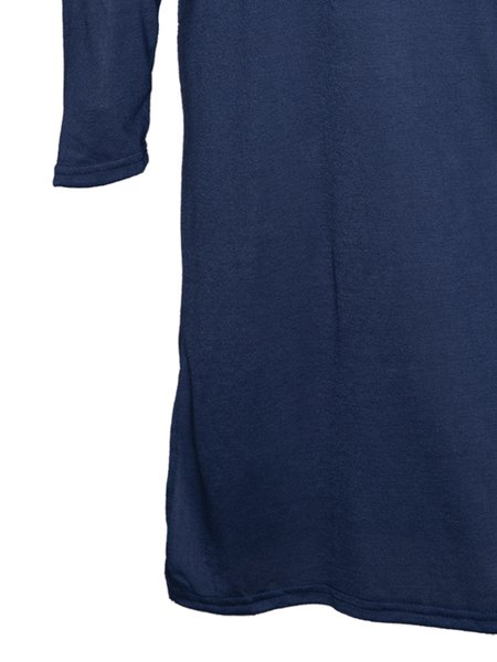 

V-Neck Shift Women Daily Cotton Long Sleeve Solid Spring Dress, Navy blue, Casual Dresses