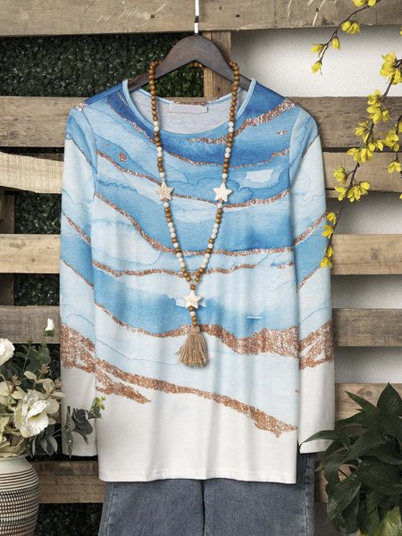 

Print Round-neck Long Sleeve Casual T-shirt, Blue, Shirts & Blouses