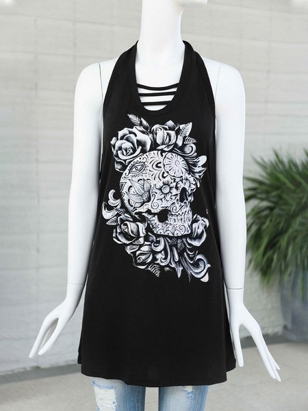 

Printed Halter Cotton Casual Tops, Black, Tanks & Camis