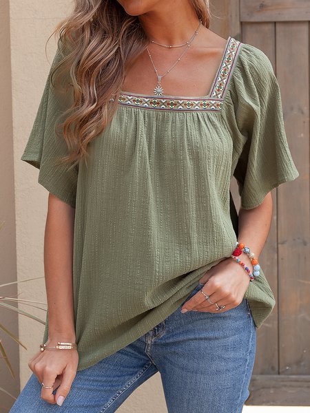 

Ethnic Cotton Square Neck Short Sleeve Top, Green, Blouses & Shirts