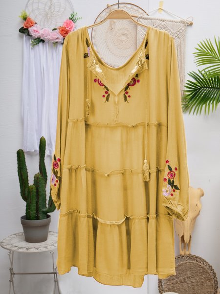 

Plus Size Long Sleeve Floral Tassel Charm Elegant Casual Mini Dresses, Blue, Casual Dresses