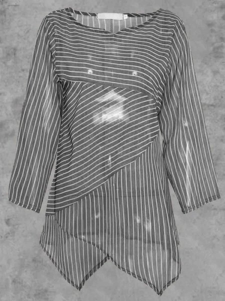 

Long Sleeve Striped Tops, Gray, T-Shirts
