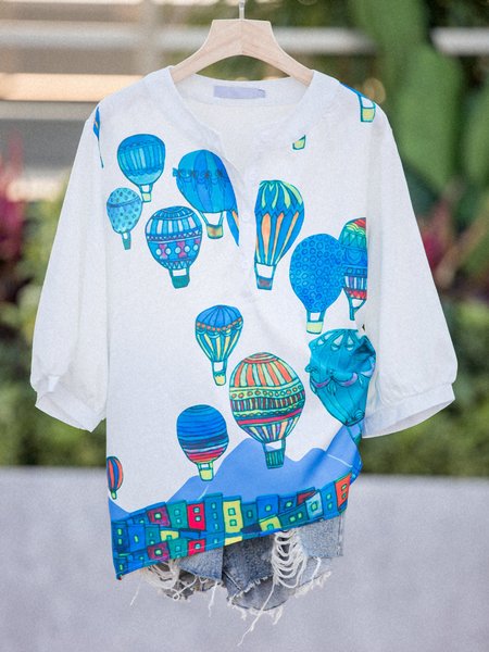 

White Casual Crew Neck Floral-Print Cotton-Blend Tops, T-Shirts