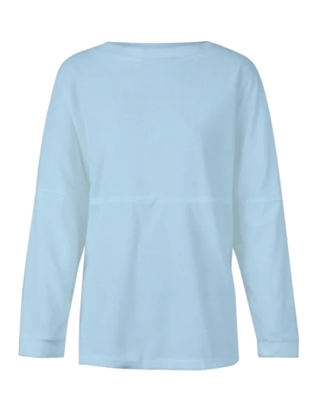 

Long Sleeve Solid Elegant Paneled Round Neck Cotton Plus Size Chic Shirts Blouse, Blue, Long sleeve tops