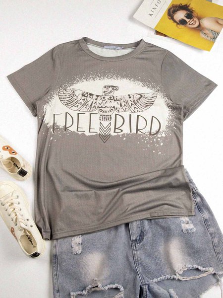 

Eagle Letter Print Short Sleeve Casual Tee, Brown, T-Shirts